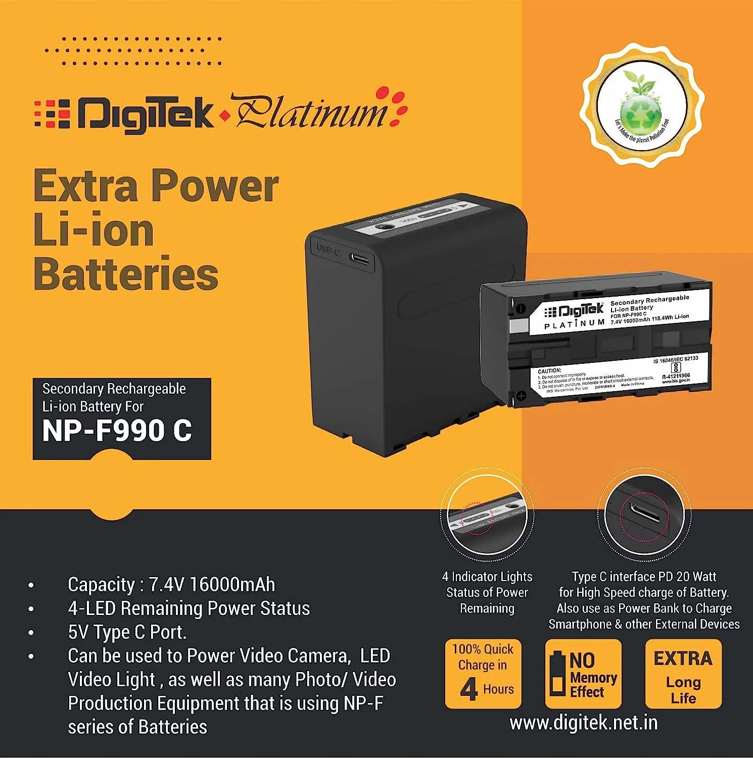 Digitek (NP-F990 C Platinum) 7.4v 16000mAh Platinum Extra Power Secondary Rechargeable Li-ion Camera Battery with 5V Type C Charging Port