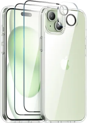 Entronix Case Heavy Duty Transparent Case for Apple iPhone 15 Clear with 2 Screen Protector and 1 Camera Lens, Shockproof Dropproof Slim Case
