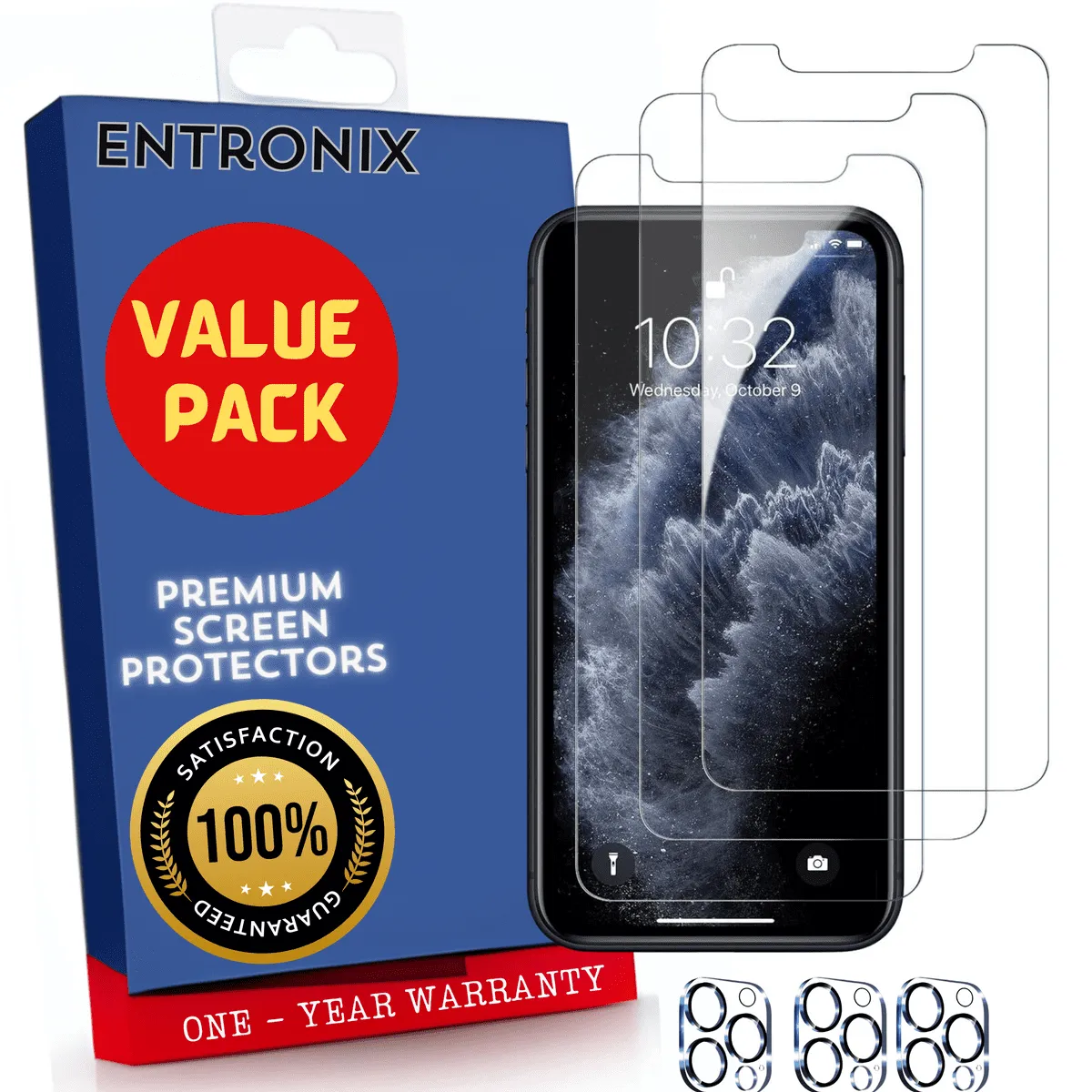 Entronix Case Screen Protector Bundle with Camera Cover Designed for Apple iPhone 11 Pro Max Clear 9H Hardness,Bubble Free Easy Install, 3 PACK