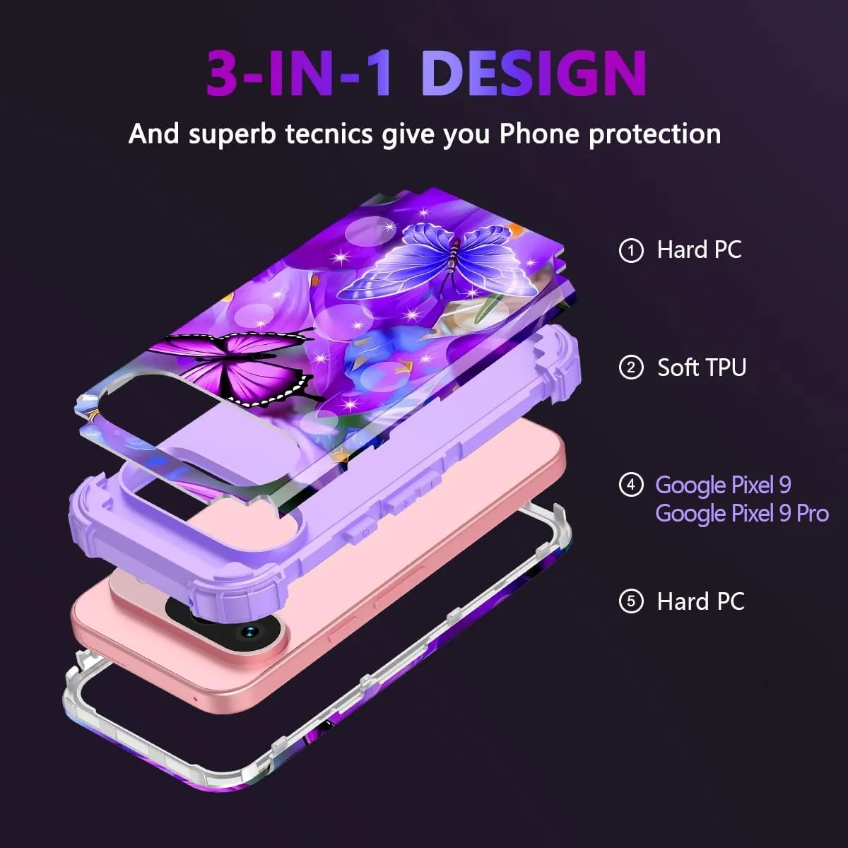 Google Pixel 9 Pro Case Shockproof Three Layer Heavy Duty Soft Silicone Rubber Bumper Hard Plastic Hybrid Protective Girls Cover
