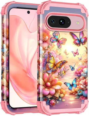 Google Pixel 9 Pro Case Shockproof Three Layer Heavy Duty Soft Silicone Rubber Bumper Hard Plastic Hybrid Protective Girls Cover