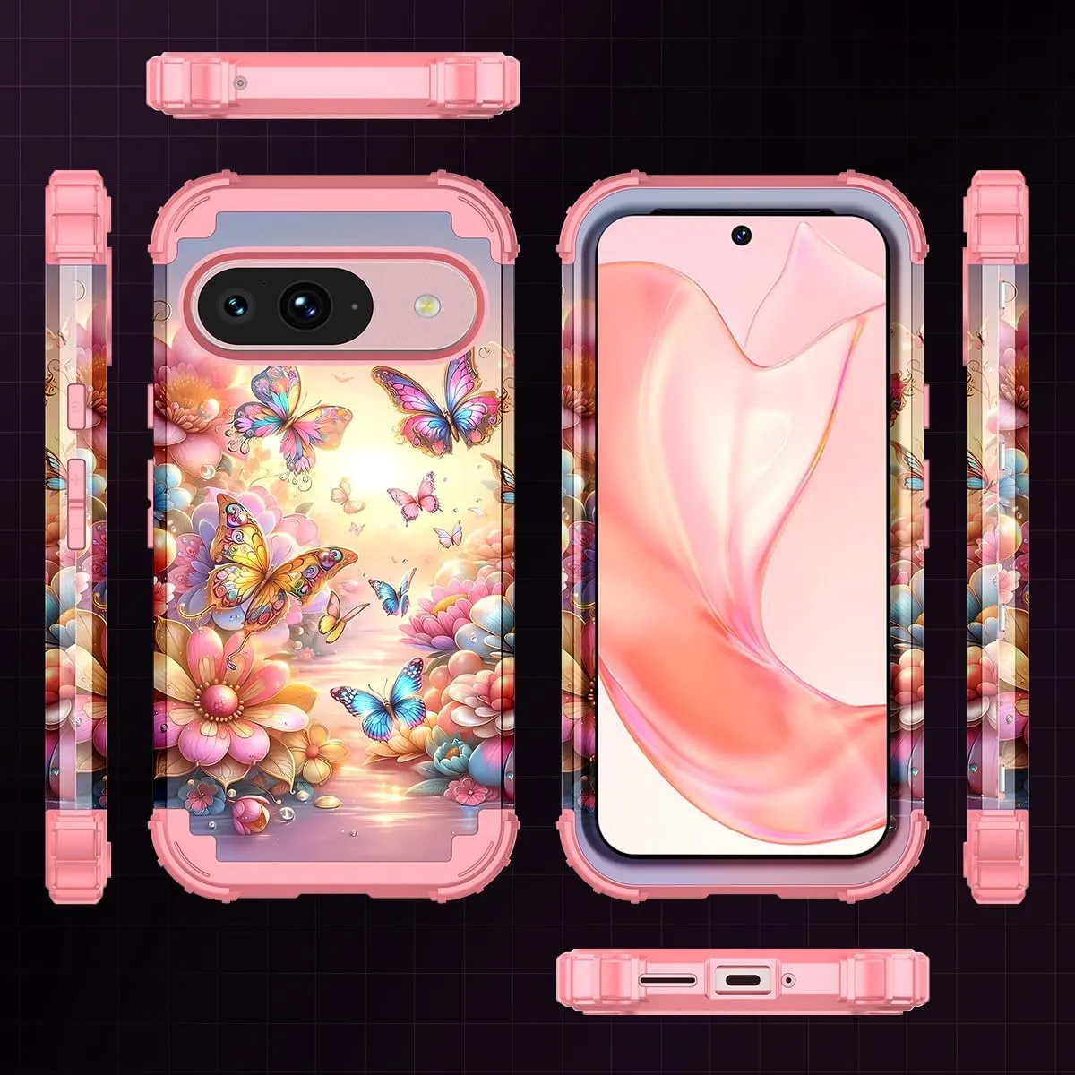 Google Pixel 9 Pro Case Shockproof Three Layer Heavy Duty Soft Silicone Rubber Bumper Hard Plastic Hybrid Protective Girls Cover