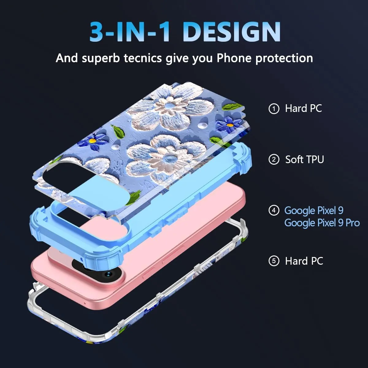 Google Pixel 9 Pro Case Shockproof Three Layer Heavy Duty Soft Silicone Rubber Bumper Hard Plastic Hybrid Protective Girls Cover
