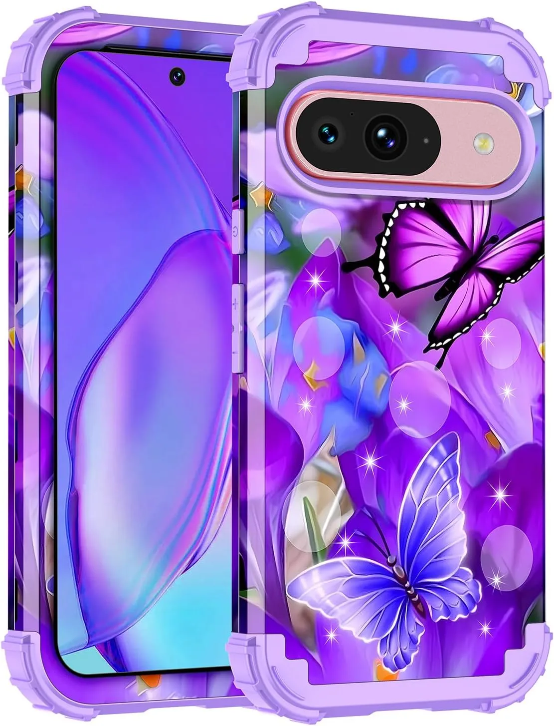 Google Pixel 9 Pro Case Shockproof Three Layer Heavy Duty Soft Silicone Rubber Bumper Hard Plastic Hybrid Protective Girls Cover