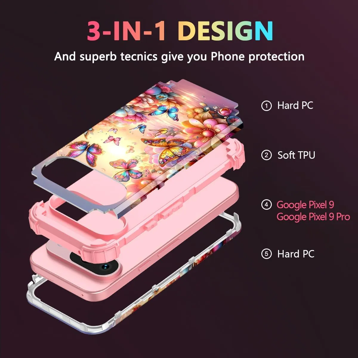 Google Pixel 9 Pro Case Shockproof Three Layer Heavy Duty Soft Silicone Rubber Bumper Hard Plastic Hybrid Protective Girls Cover