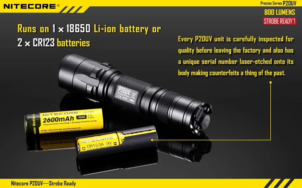 Nitecore Precise Series P20UV 1 x 18650 / 2 x CR123A CREE XM-L2 T6 800 Lumen LED Flashlight with Secondary UV LEDs