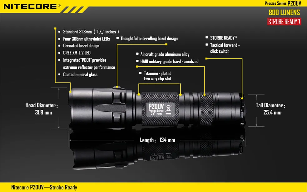 Nitecore Precise Series P20UV 1 x 18650 / 2 x CR123A CREE XM-L2 T6 800 Lumen LED Flashlight with Secondary UV LEDs