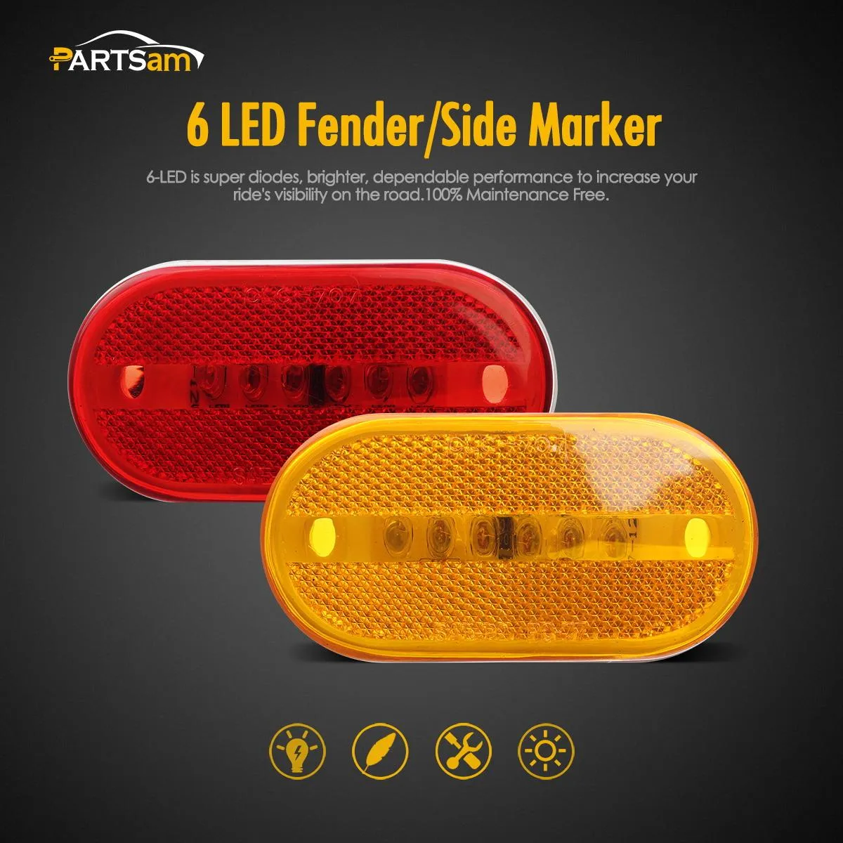 Partsam 4x LED Front Rear Side Marker Light Indicator for Boats Truck Trailer Amber & Red, 4 Inch RV Camper Trailer Rectangular Led Marker Clearance Lights with Reflex Lens 6 Diodes Waterproof 12V