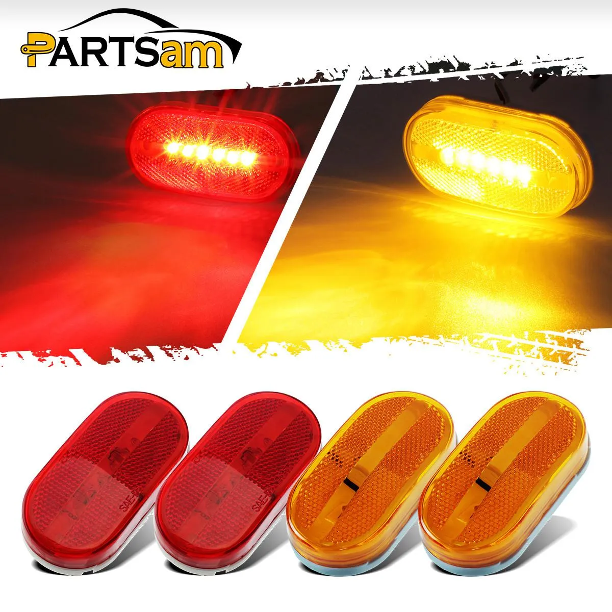 Partsam 4x LED Front Rear Side Marker Light Indicator for Boats Truck Trailer Amber & Red, 4 Inch RV Camper Trailer Rectangular Led Marker Clearance Lights with Reflex Lens 6 Diodes Waterproof 12V