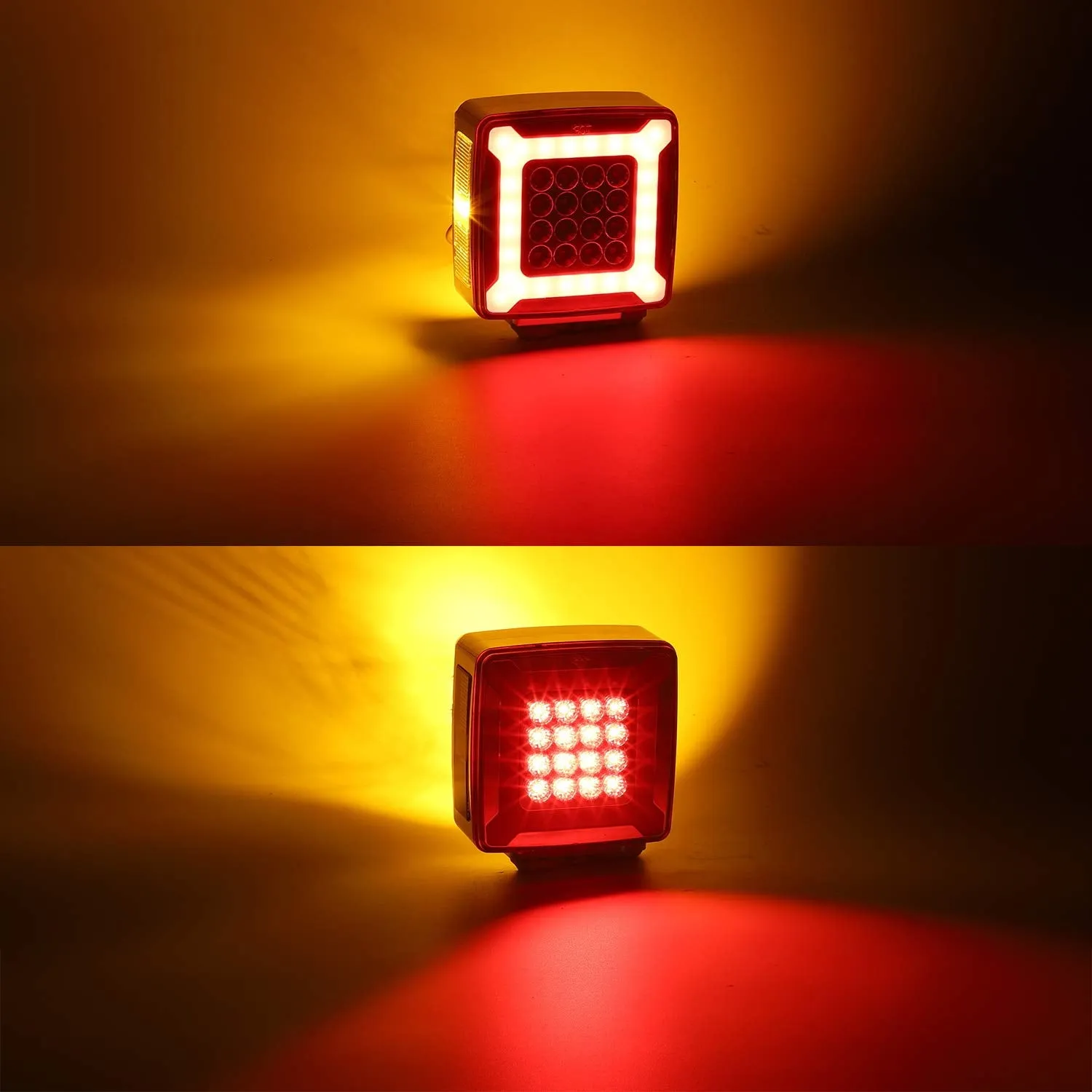 Partsam Pair Double Face Square Pedestal Fender Turn Signal Lights Halo Glow Double Stud, Amber/Red Square 47 Diode Led Turn Stop Marker Running lights Lamps 12V 24V 10-30V