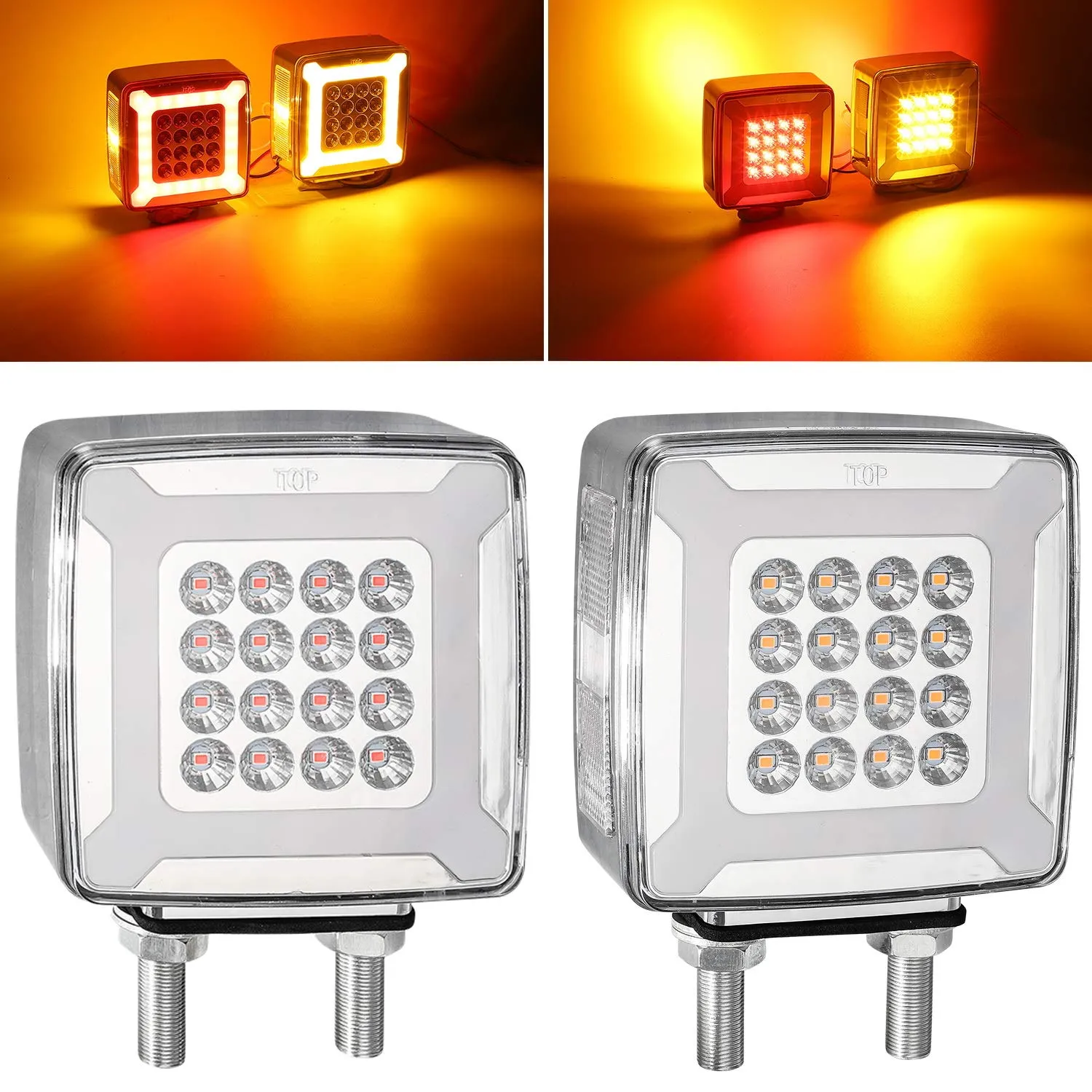 Partsam Pair Double Face Square Pedestal Fender Turn Signal Lights Halo Glow Double Stud, Amber/Red Square 47 Diode Led Turn Stop Marker Running lights Lamps 12V 24V 10-30V