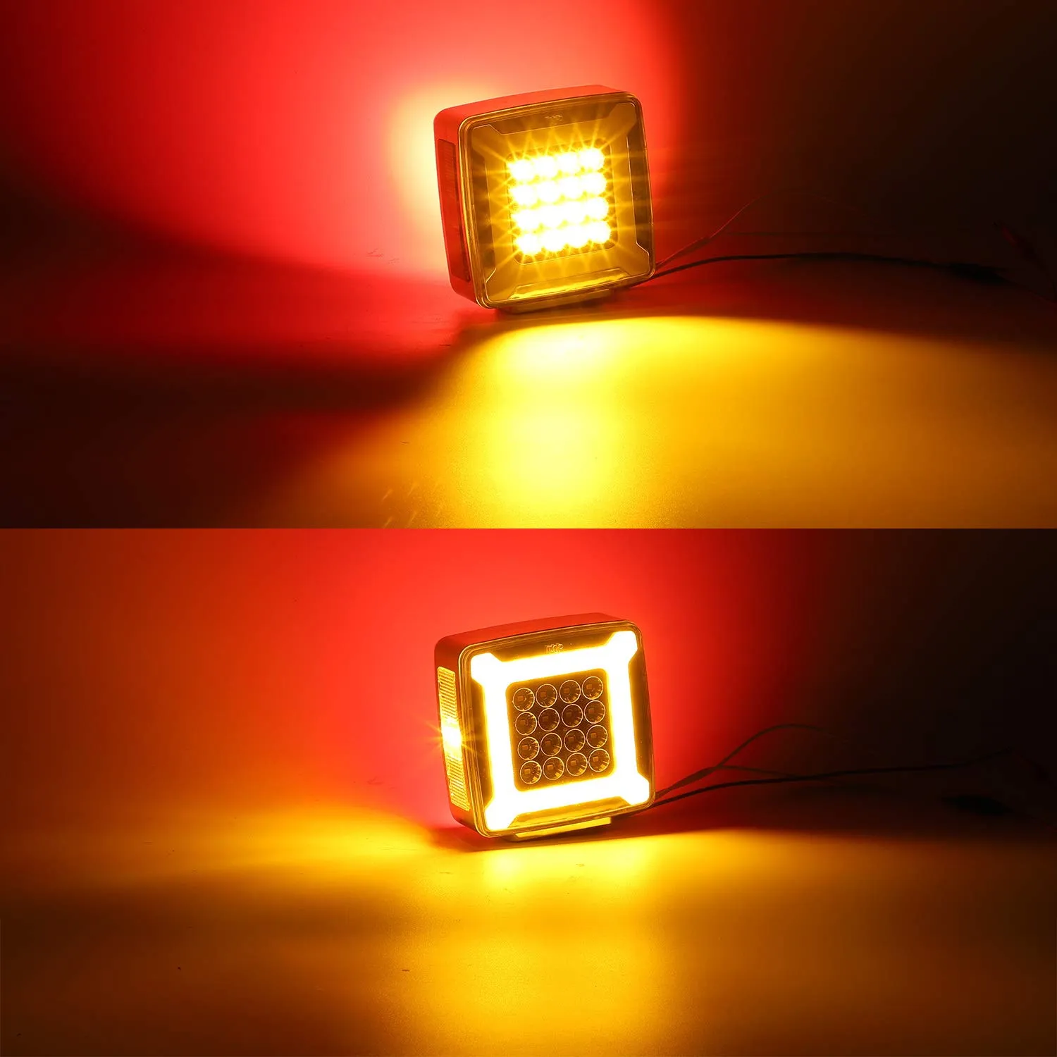 Partsam Pair Double Face Square Pedestal Fender Turn Signal Lights Halo Glow Double Stud, Amber/Red Square 47 Diode Led Turn Stop Marker Running lights Lamps 12V 24V 10-30V