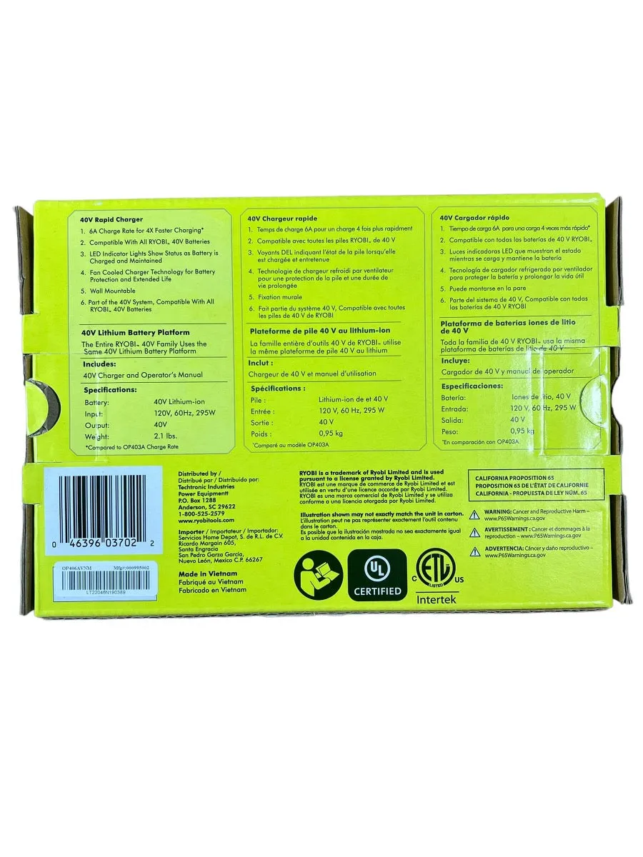RYOBI 40-Volt Lithium-Ion Rapid Charger