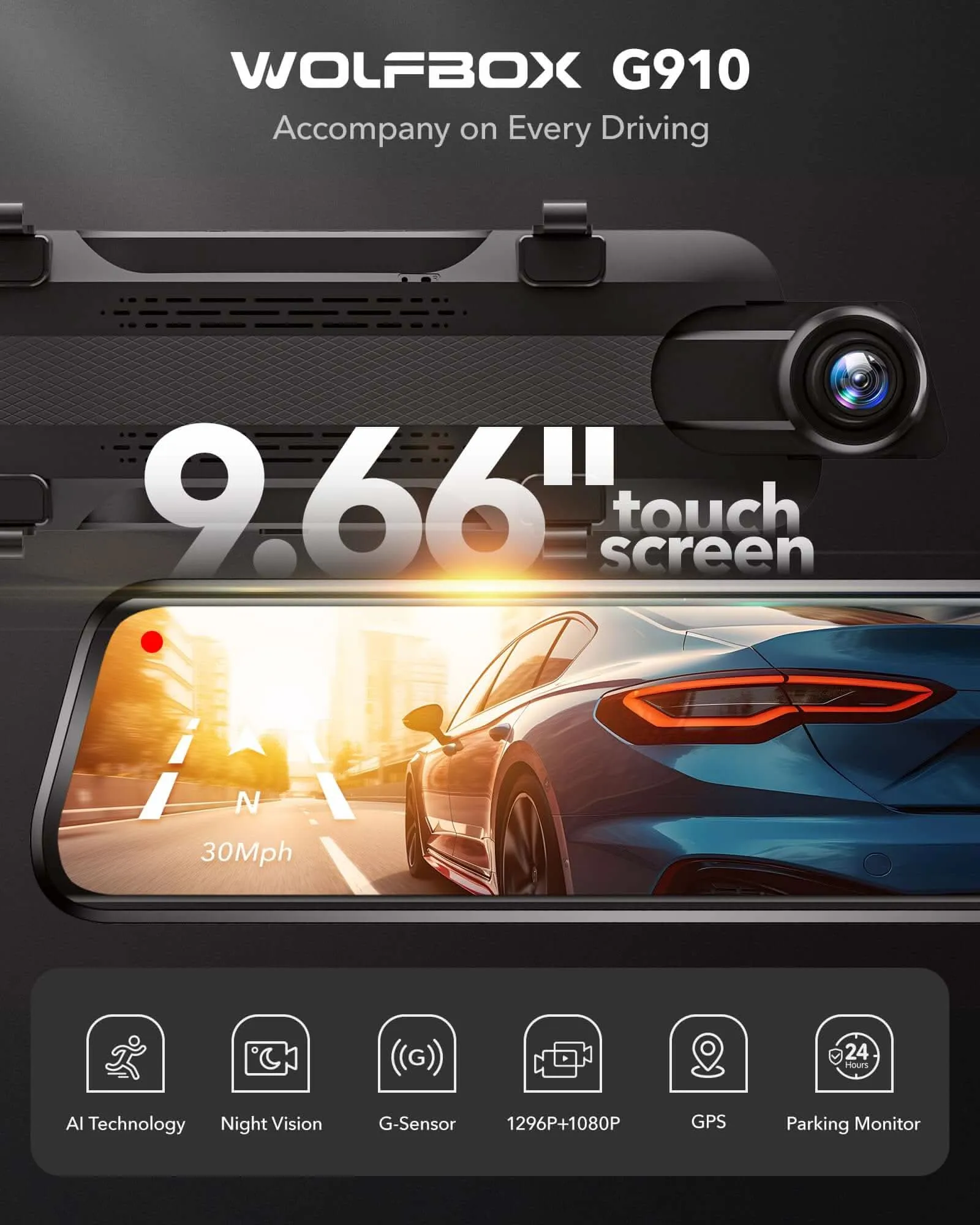 WOLFBOX G910 10'' Rear View Mirror Camera